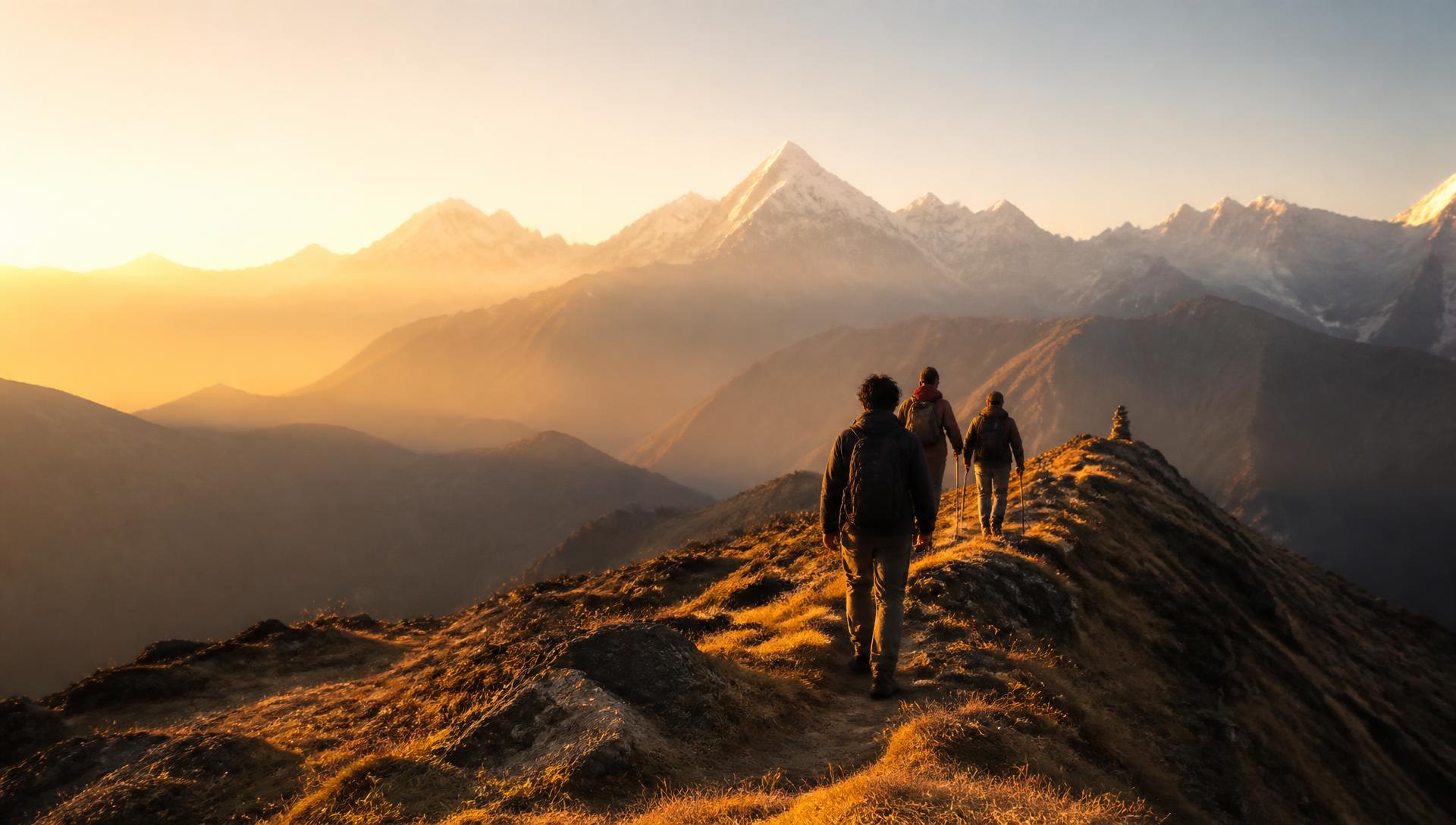 Travelers walking a mountain ridge in the Himalayas at golden hour