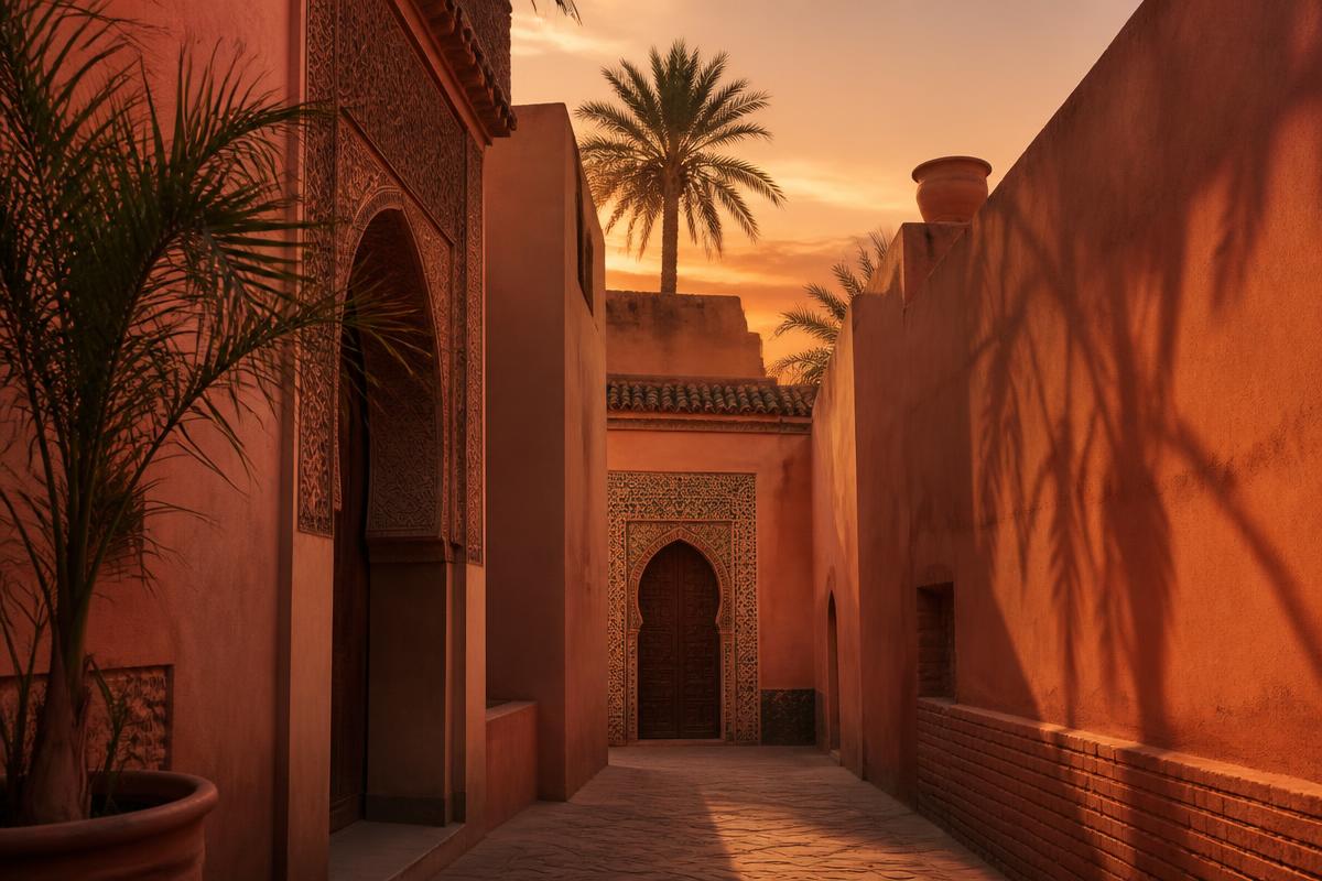 Moroccan medina alley at sunset