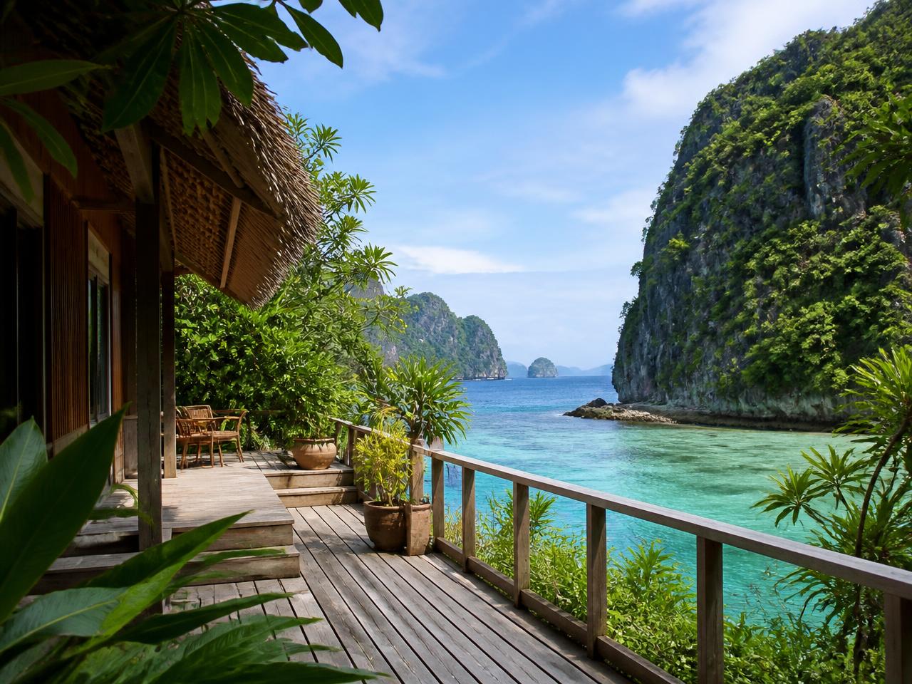 Island guesthouse terrace overlooking a turquoise bay and limestone cliffs in the Philippines